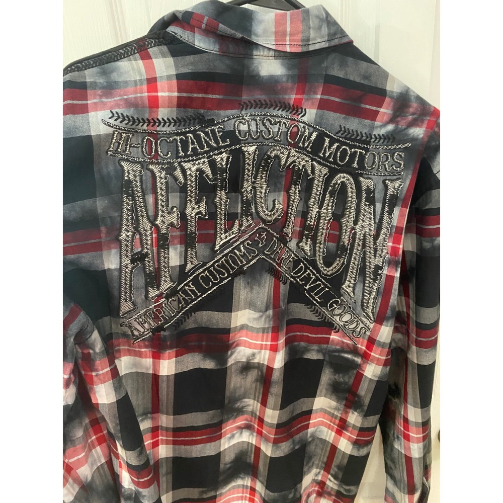 Affliction Button Down Men Large Red Grey Plaid Slim Black Premium Biker Shirt - Picture 7 of 10